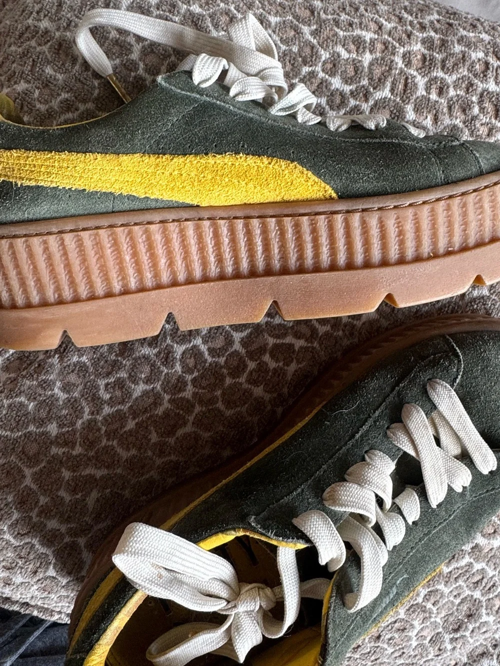 FENTY by Rihanna x Puma Olive Suede Platform Creeper Sneakers with Yellow Stripe